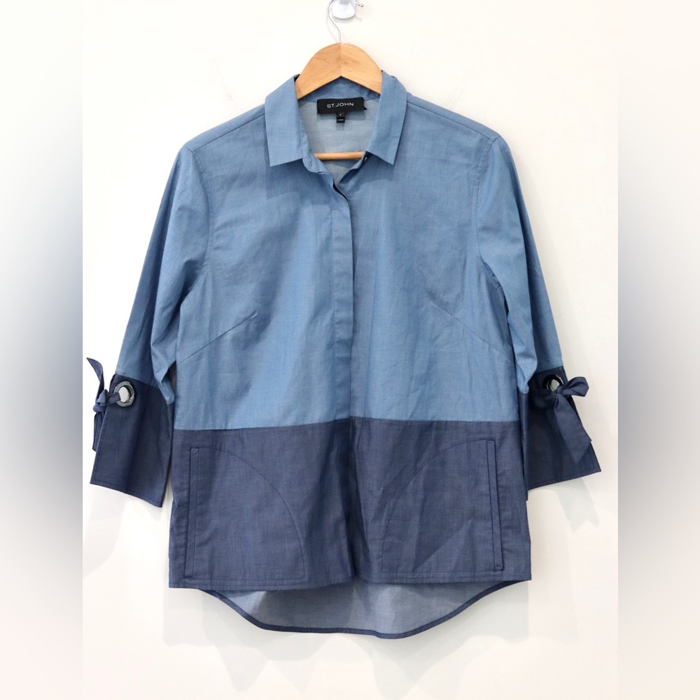 St. John Womens Top Shirt P-2 Blue Long Sleeve Button Down contrast Chambray
